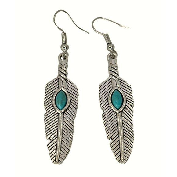 Feather Design Dangle Earrings With Turquoise Stone Inlay Silver Tone Hook - Picture 1 of 4